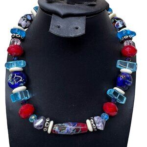 Vintage Chunky Handcrafted Multicolor Art Glass Bead Necklace Lampwork 17" Heavy